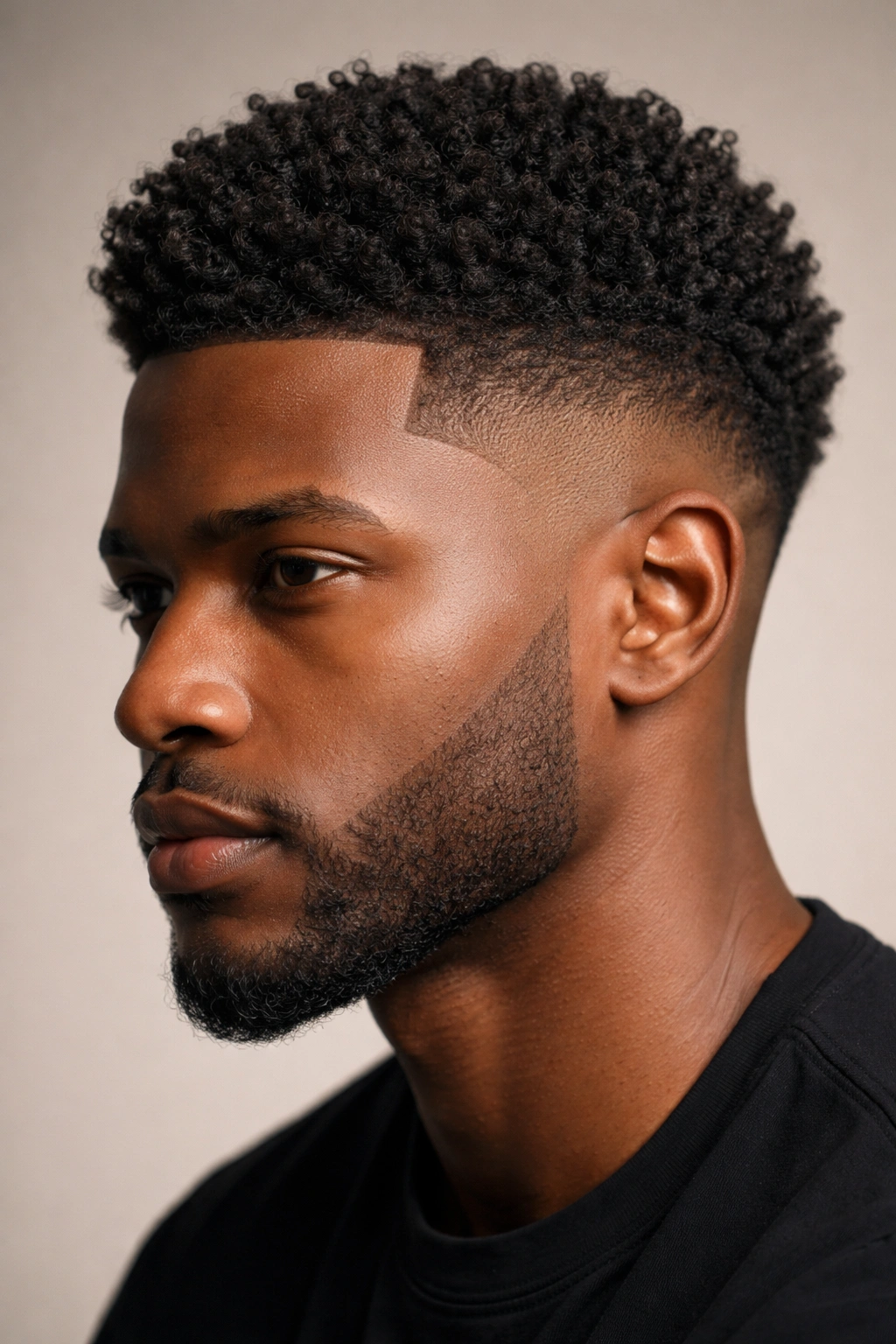 Close-up of temple fade hairstyle with precise temple edges and sponge curls