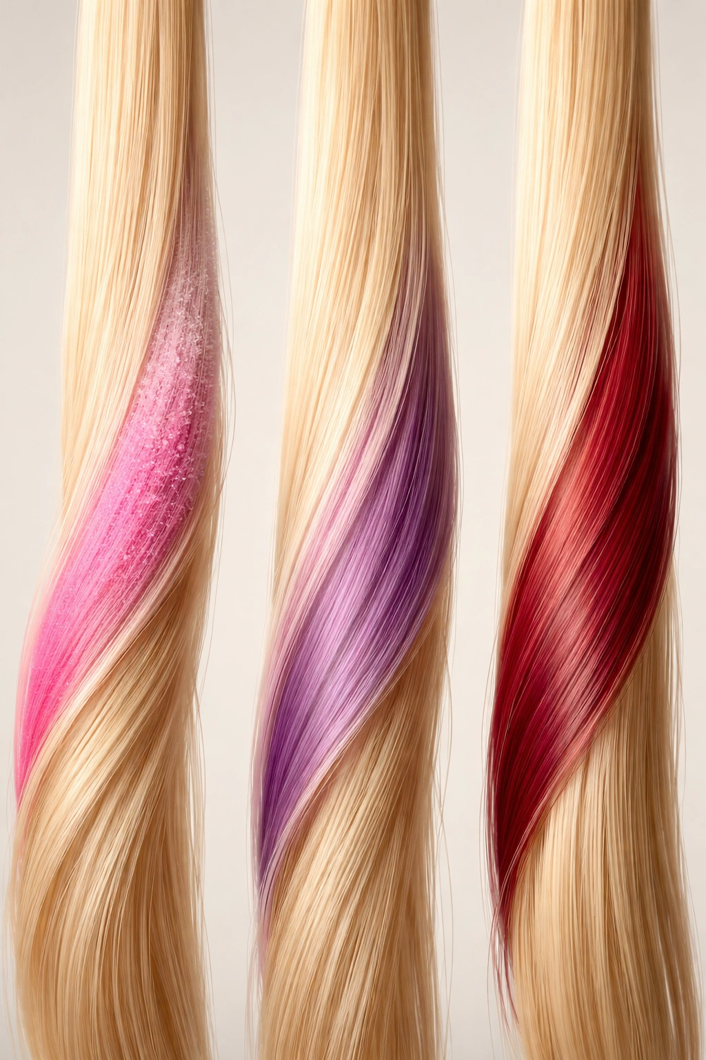 Close-up of three hair strands illustrating temporary, semi-permanent, and permanent dye types without labels.