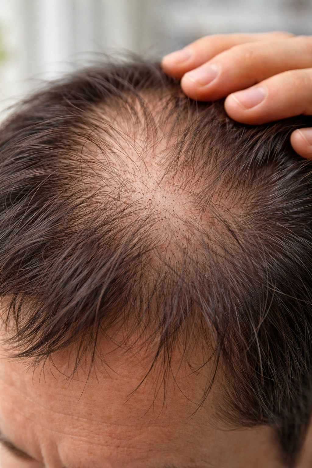 Close-up of a scalp with thinning hair indicating temporary hair loss