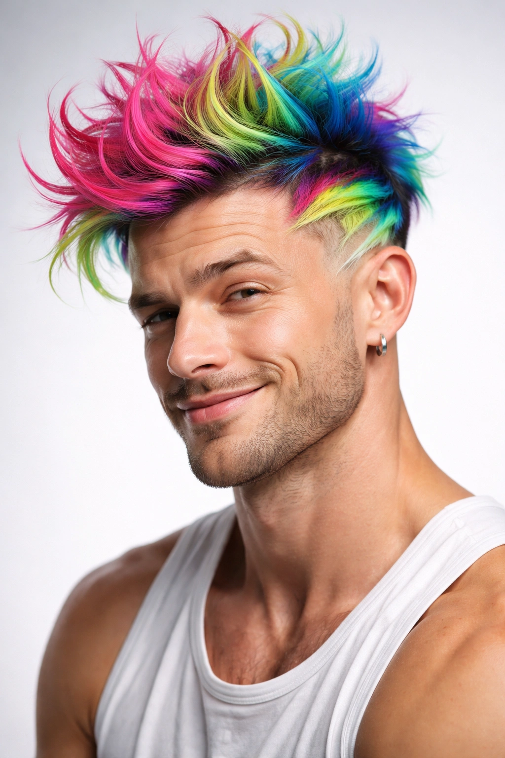 Portrait of a man with a bold temporary hairstyle in vibrant color against a clean backdrop.