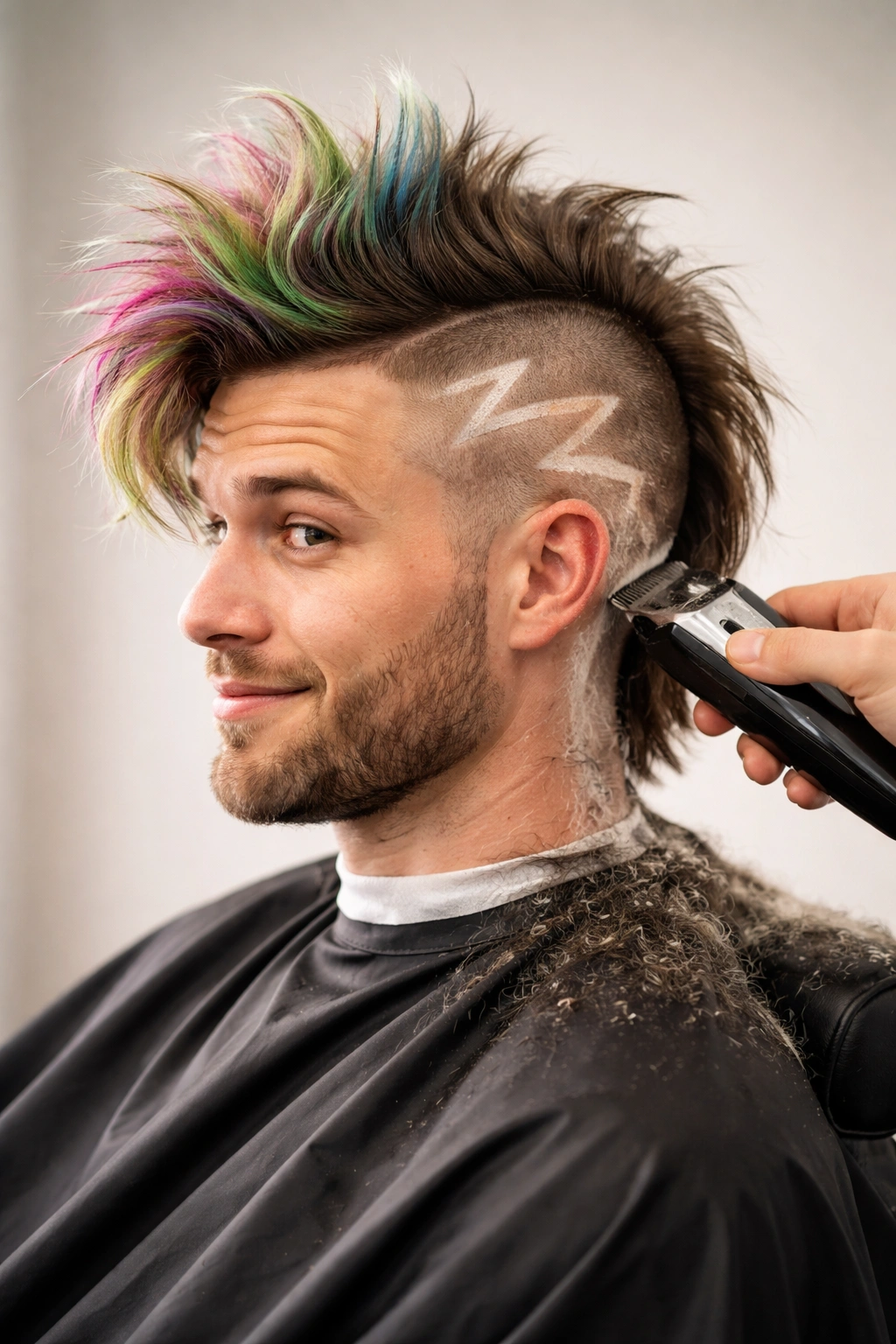 Man in barber chair mid-transition with dramatic temporary hairstyle being cut