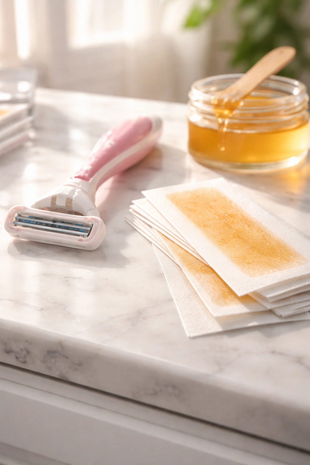 Close-up of razor and waxing strip on a vanity representing temporary facial hair removal methods