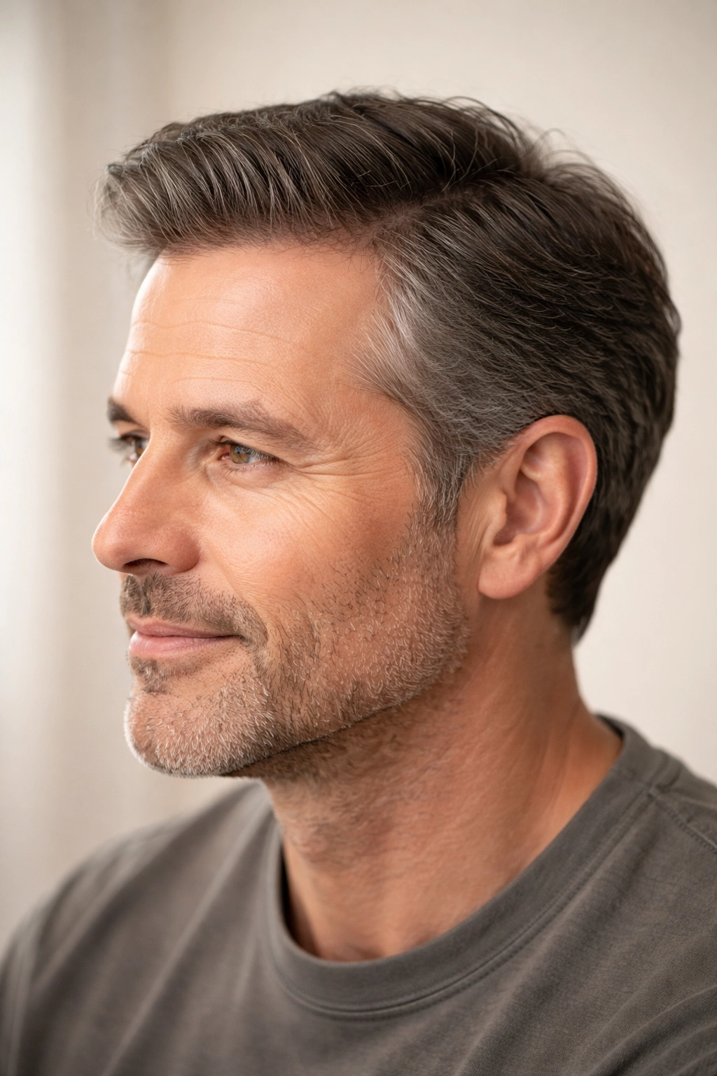 Profile view of hair transplant ten years later with natural density