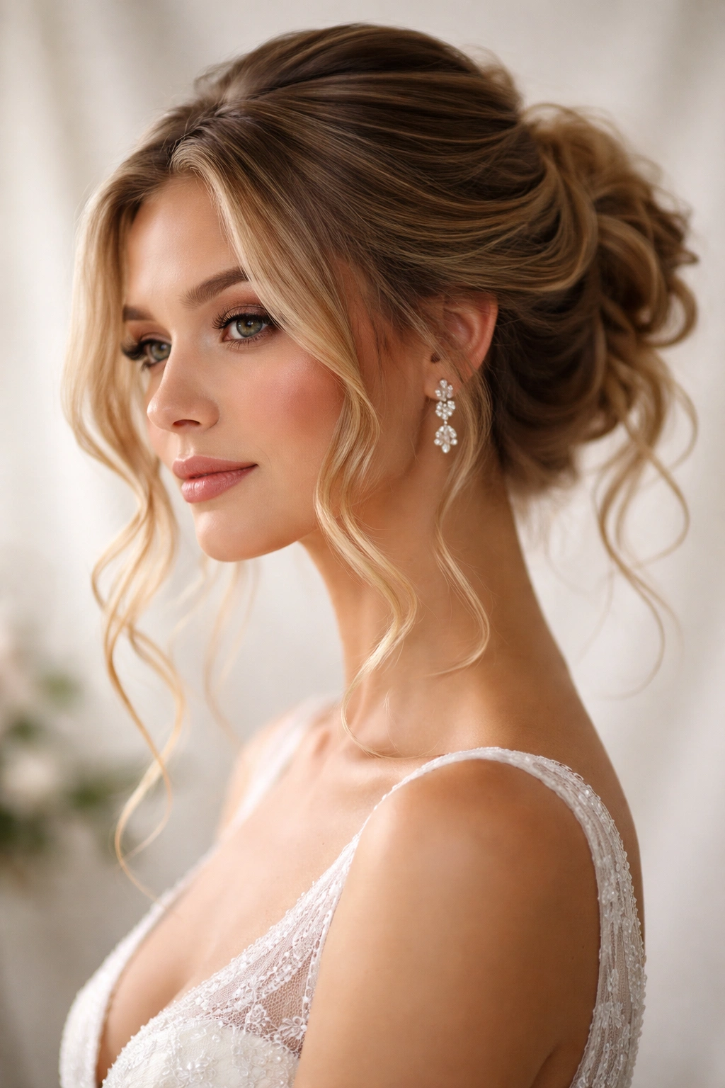 Romantic tendrils framing the face around an updo, suitable for all hair types.