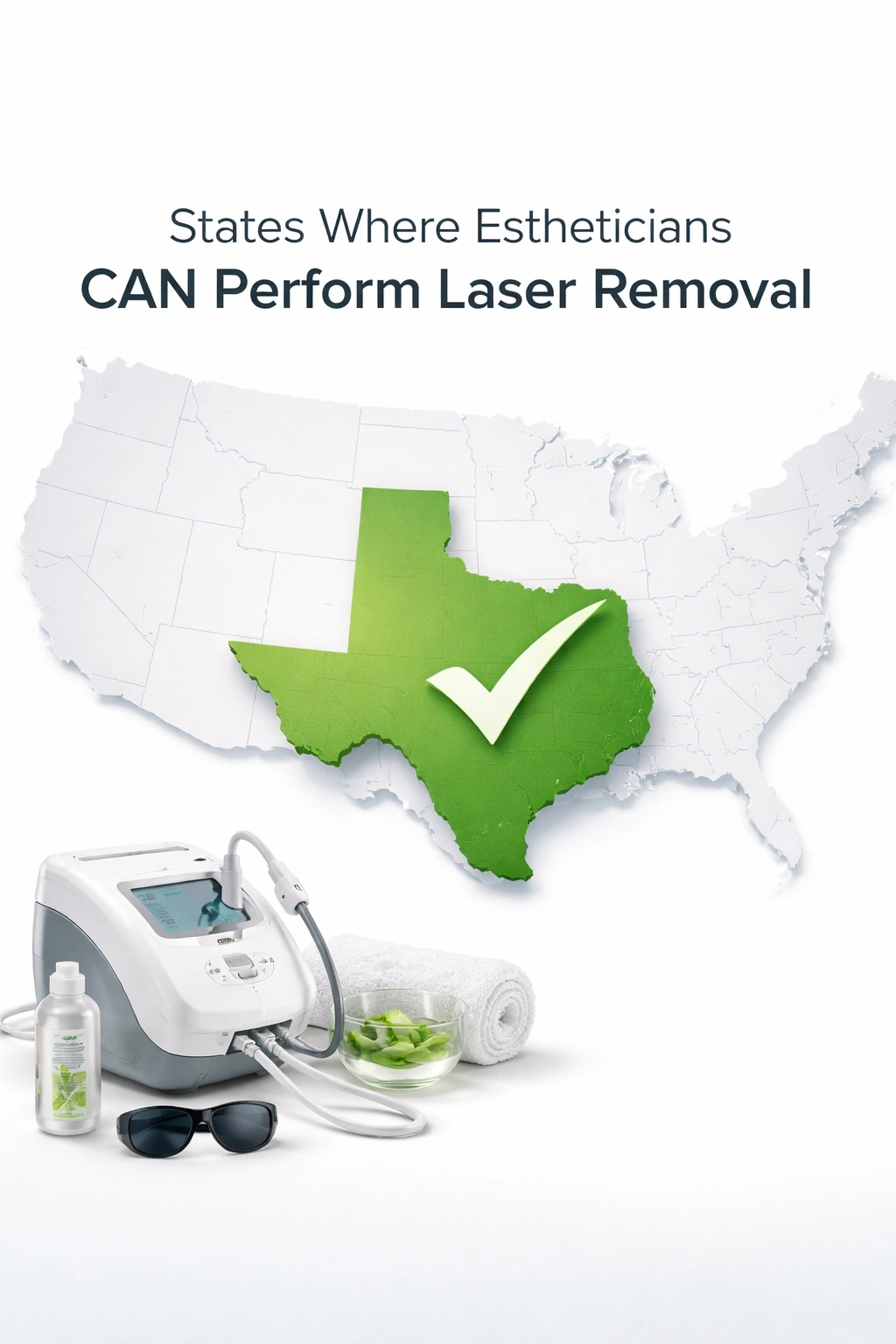 Texas state outline highlighted with a checkmark indicating allowed esthetician laser removal