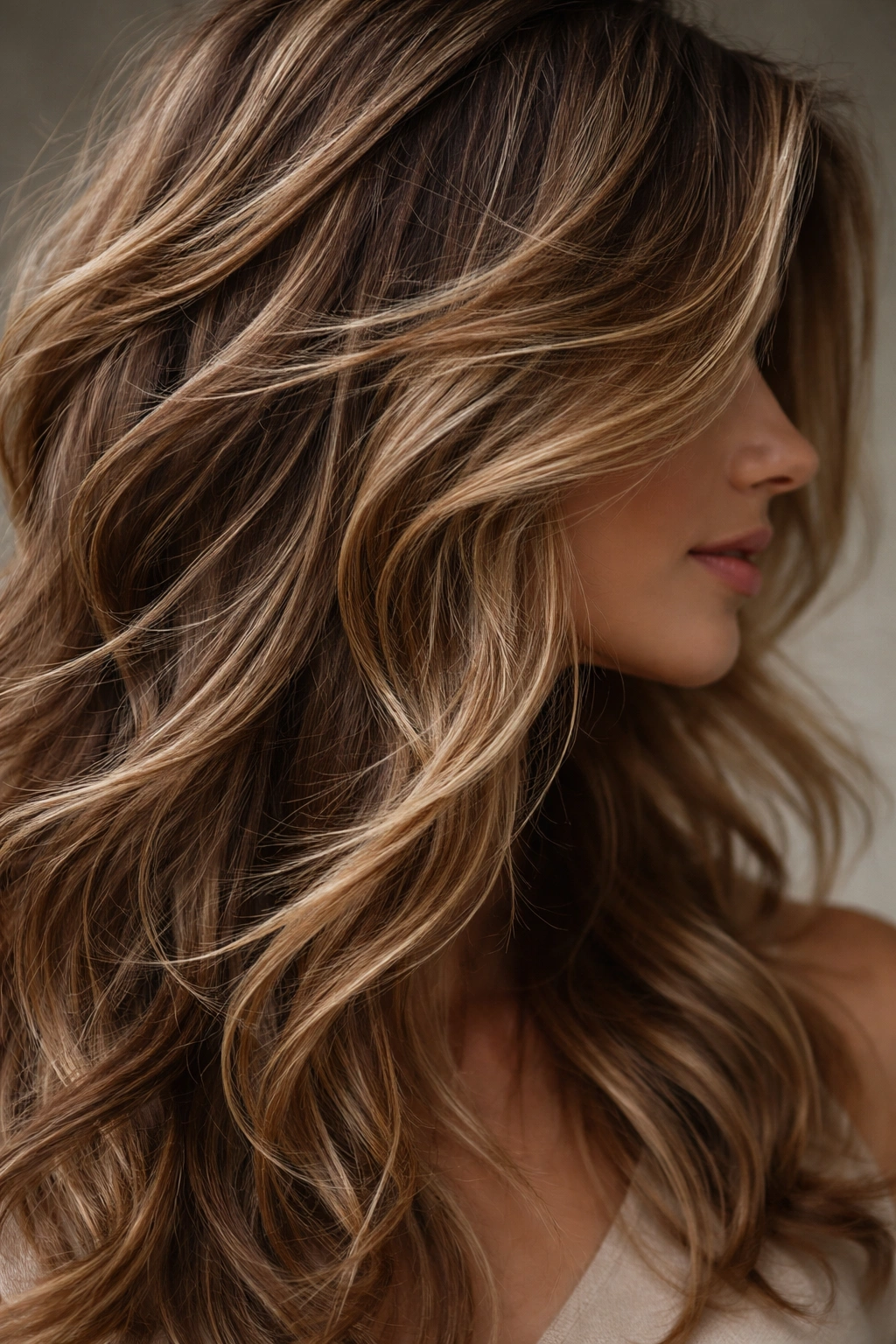 Hair with texture and movement creating visual balance