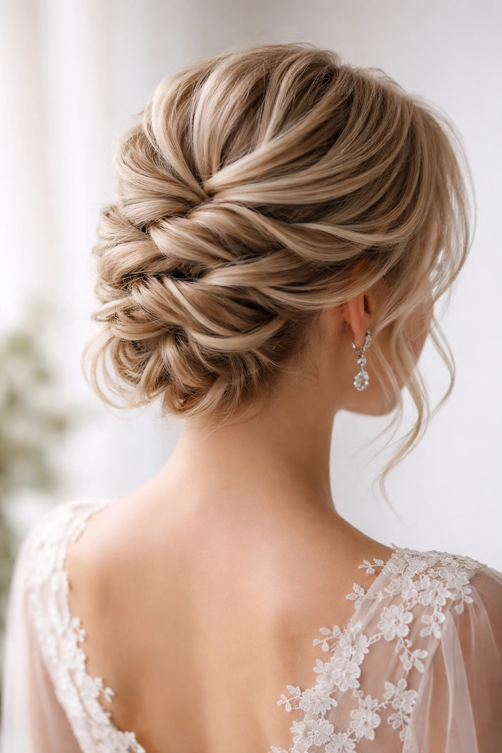 Hair stacked in horizontal textured sections from crown to nape