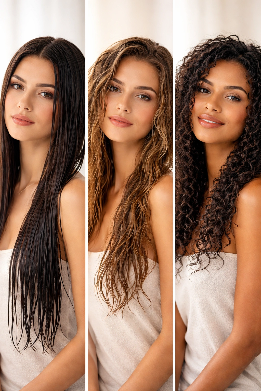Three hair textures straight, wavy, curly against neutral background