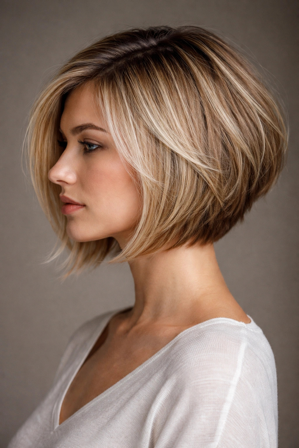 Side-profile of textured angled bob with feathered layers