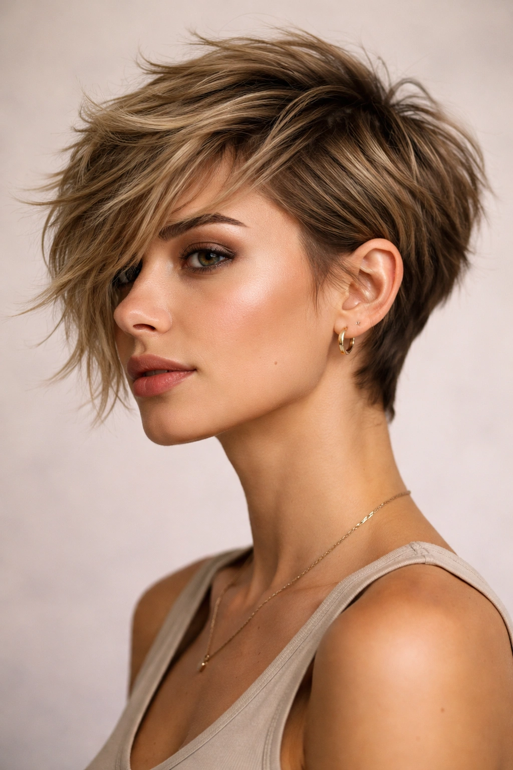 Close-up of a textured asymmetrical cut with longer and shorter sides.