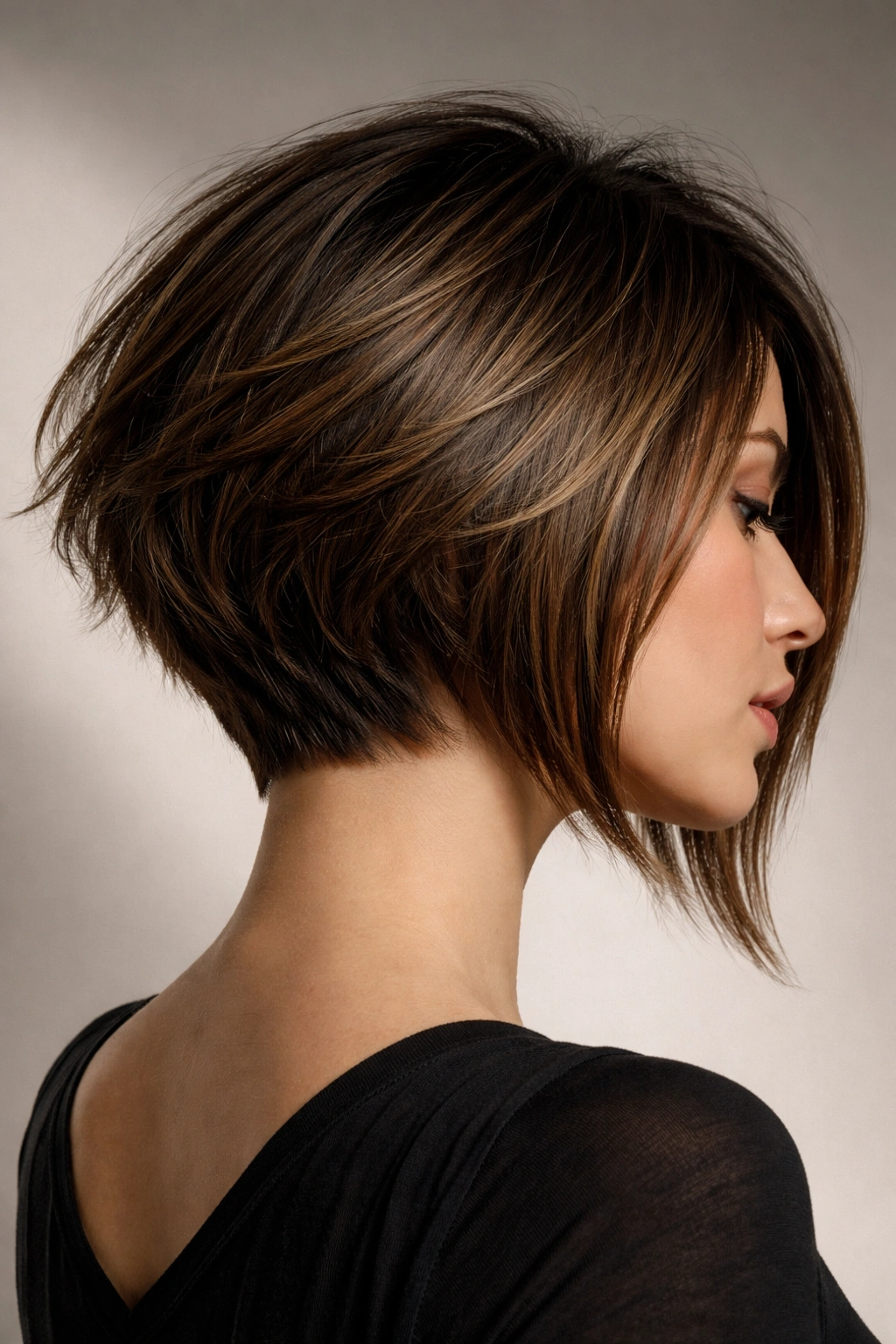 Portrait view of a textured asymmetrical stacked bob with a longer side and visible choppy layers