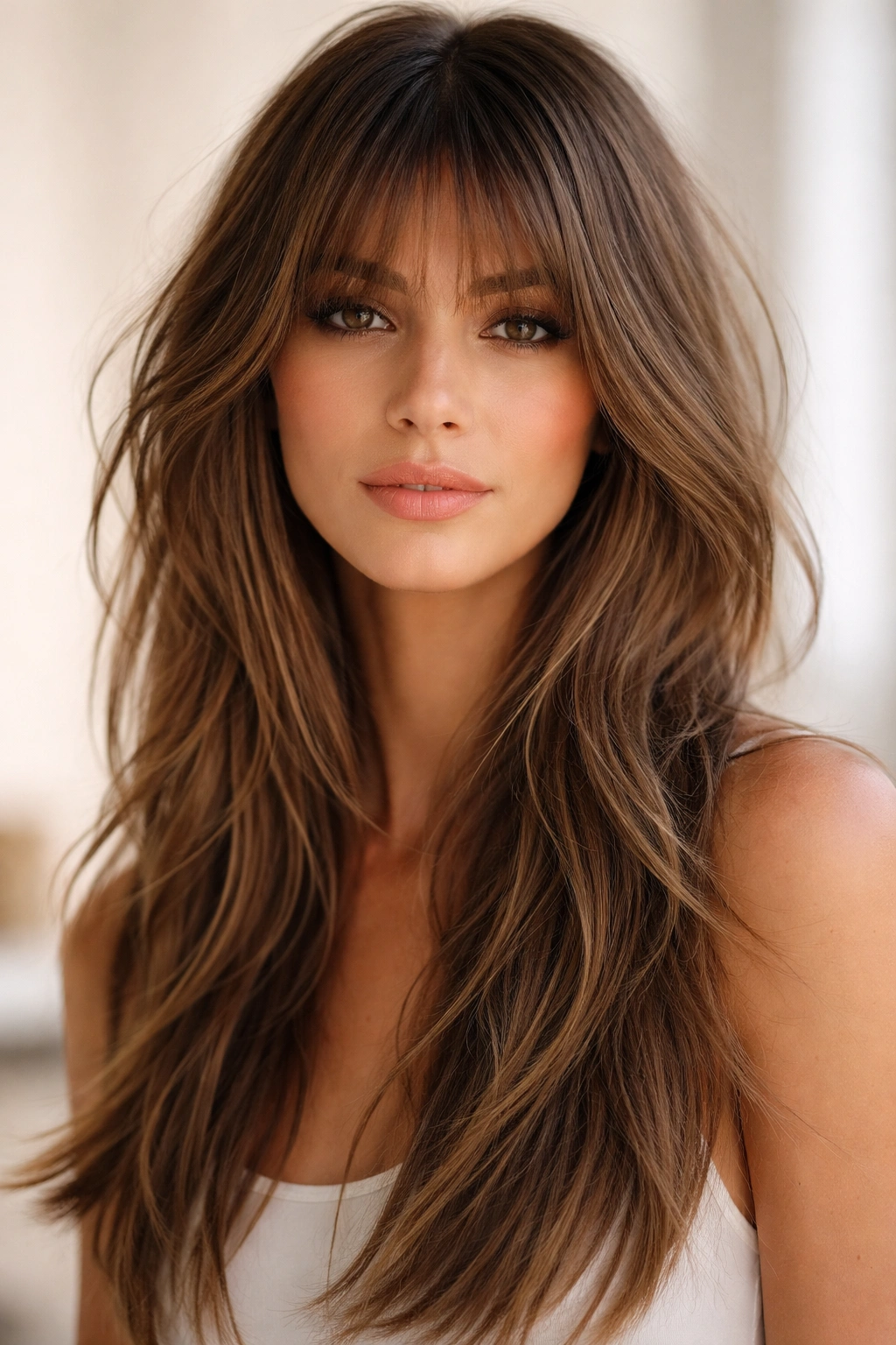 12 Hairstyles That Widen And Flatter A Long Face 10 Textured bangs with long choppy layers for movement.