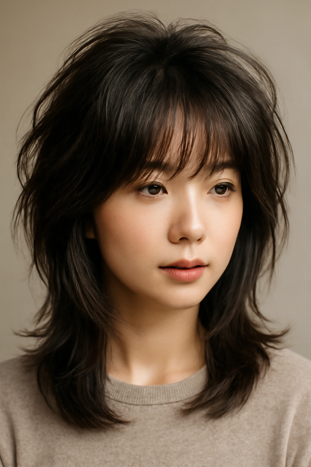15 Korean Hairstyles Women Are Copying Right Now 15 Textured bangs with voluminous crown framing the face