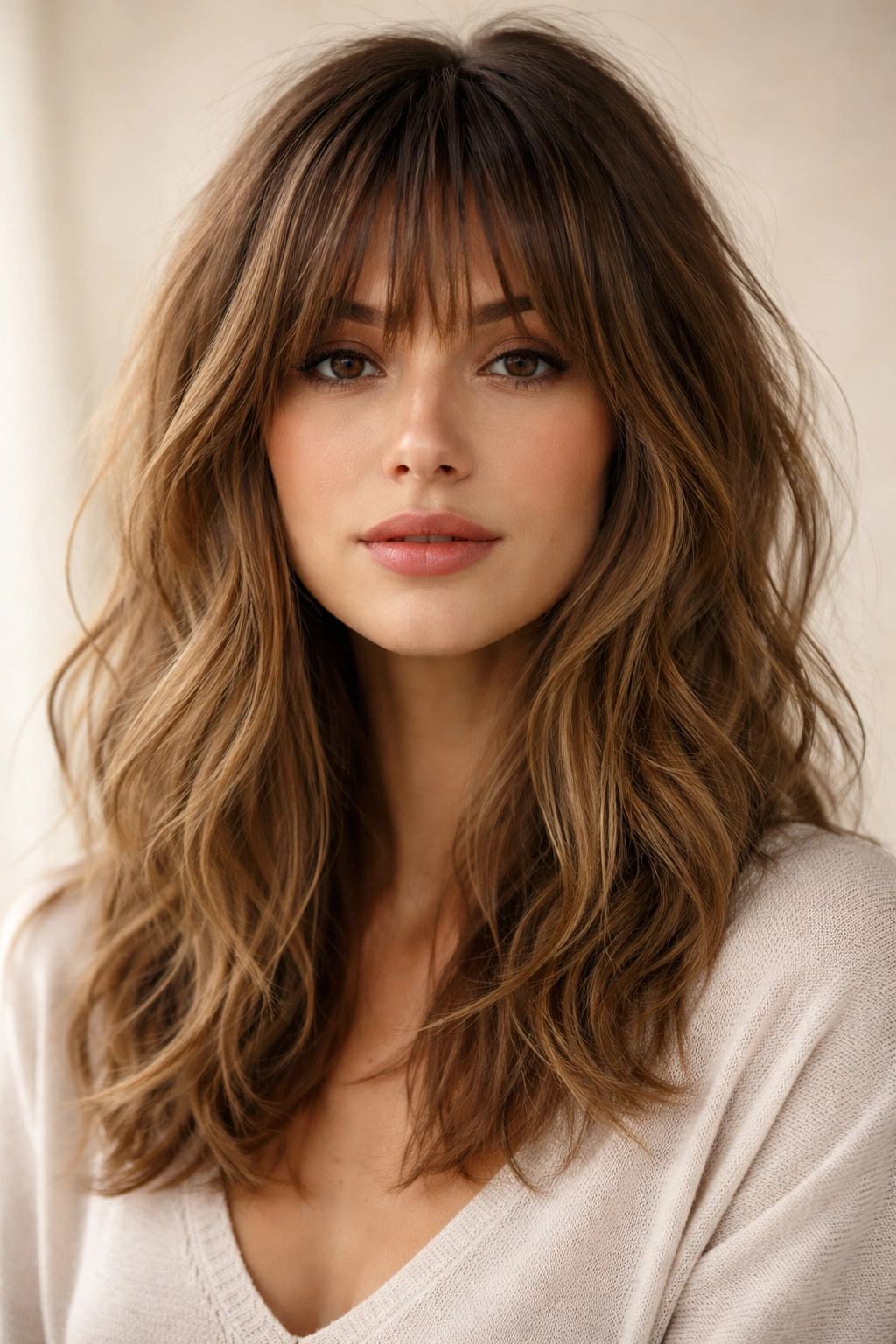 20 Medium Hairstyles With Bangs For Any Face 16 Close-up of textured bangs with layered medium-length hair