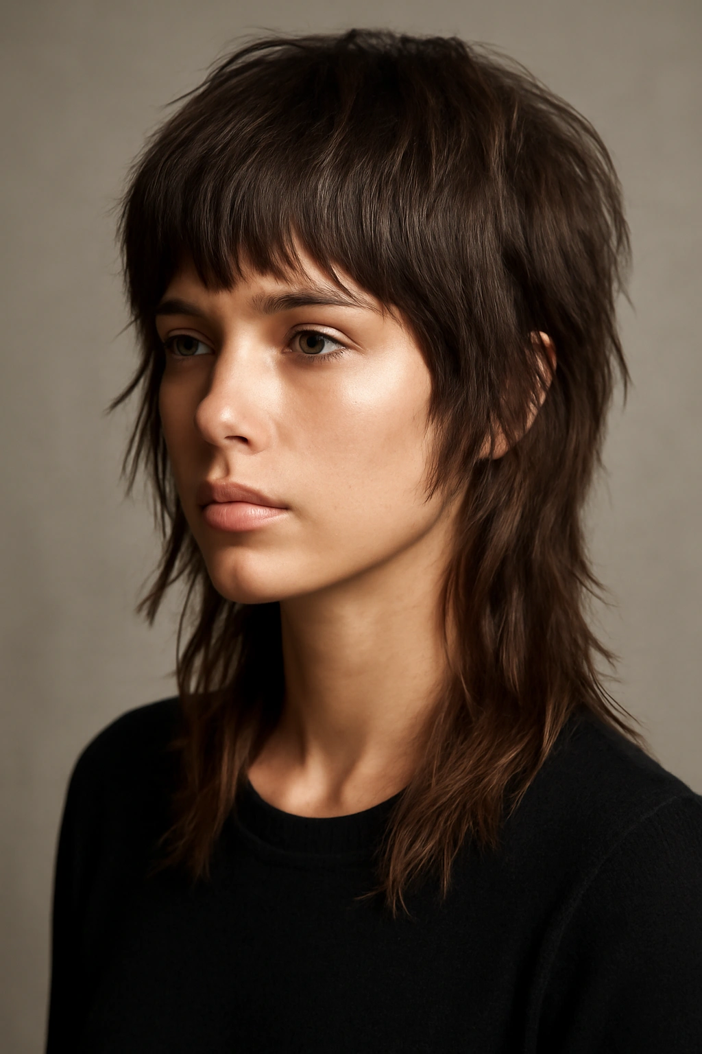 Portrait of textured bangs with mullet-length layers