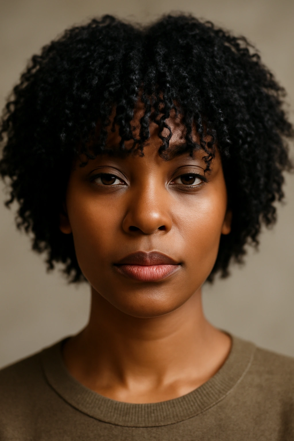 20 Short Haircut Ideas Every Black Woman Should Save 19 Close-up of a Black woman's textured bangs framing her face with natural curls.