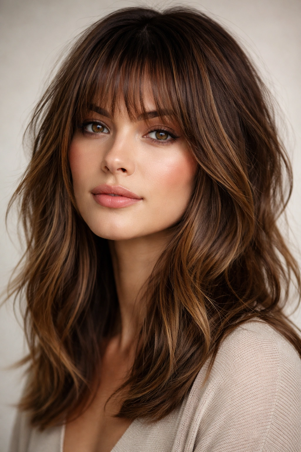 Close-up of textured bangs with choppy razor texture on medium-length hair