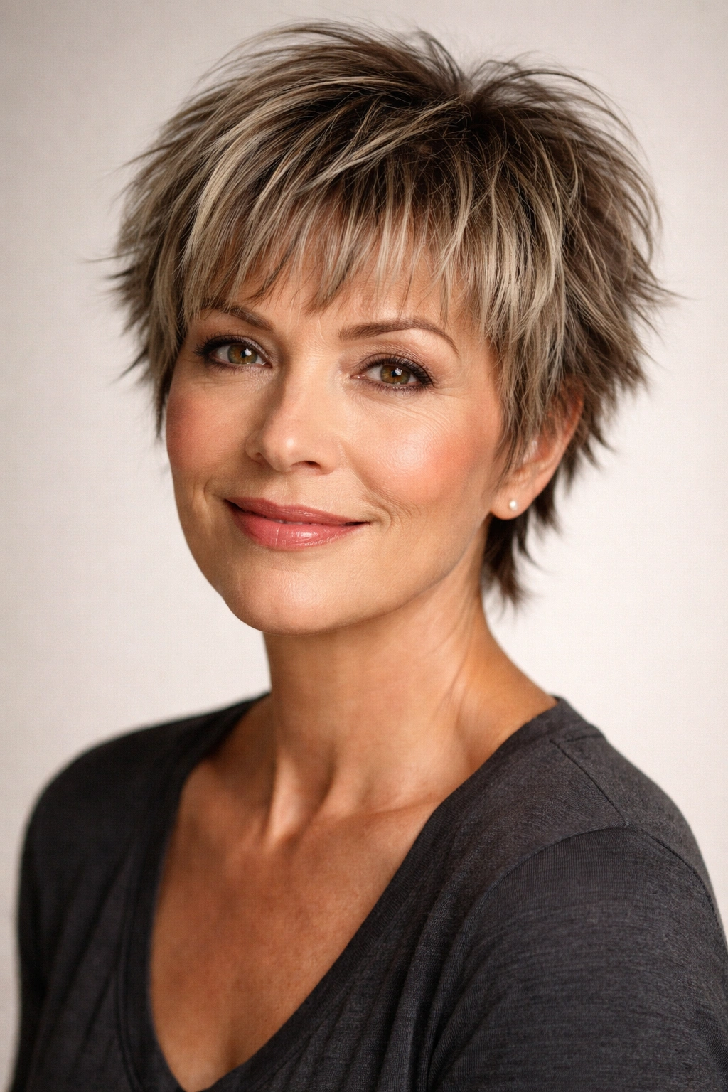 Close-up portrait of a woman with textured micro bangs and choppy short layers for fine hair