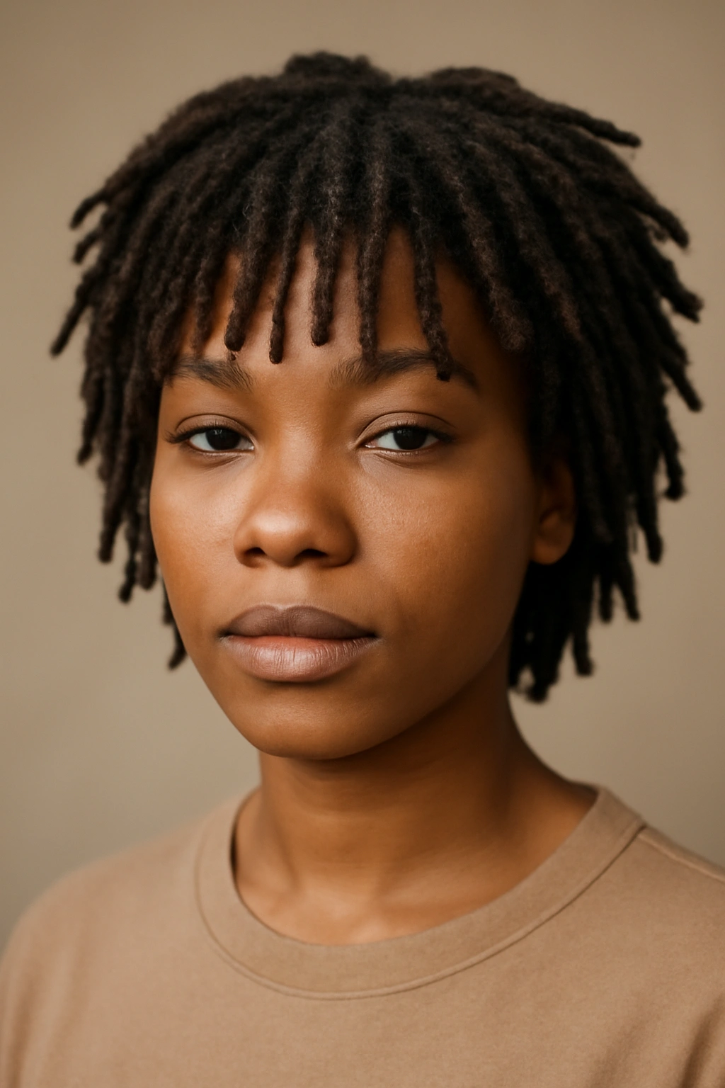 12 Short Loc Styles Women Are Obsessed With Right Now 10 Close-up of short locs with textured bangs across forehead