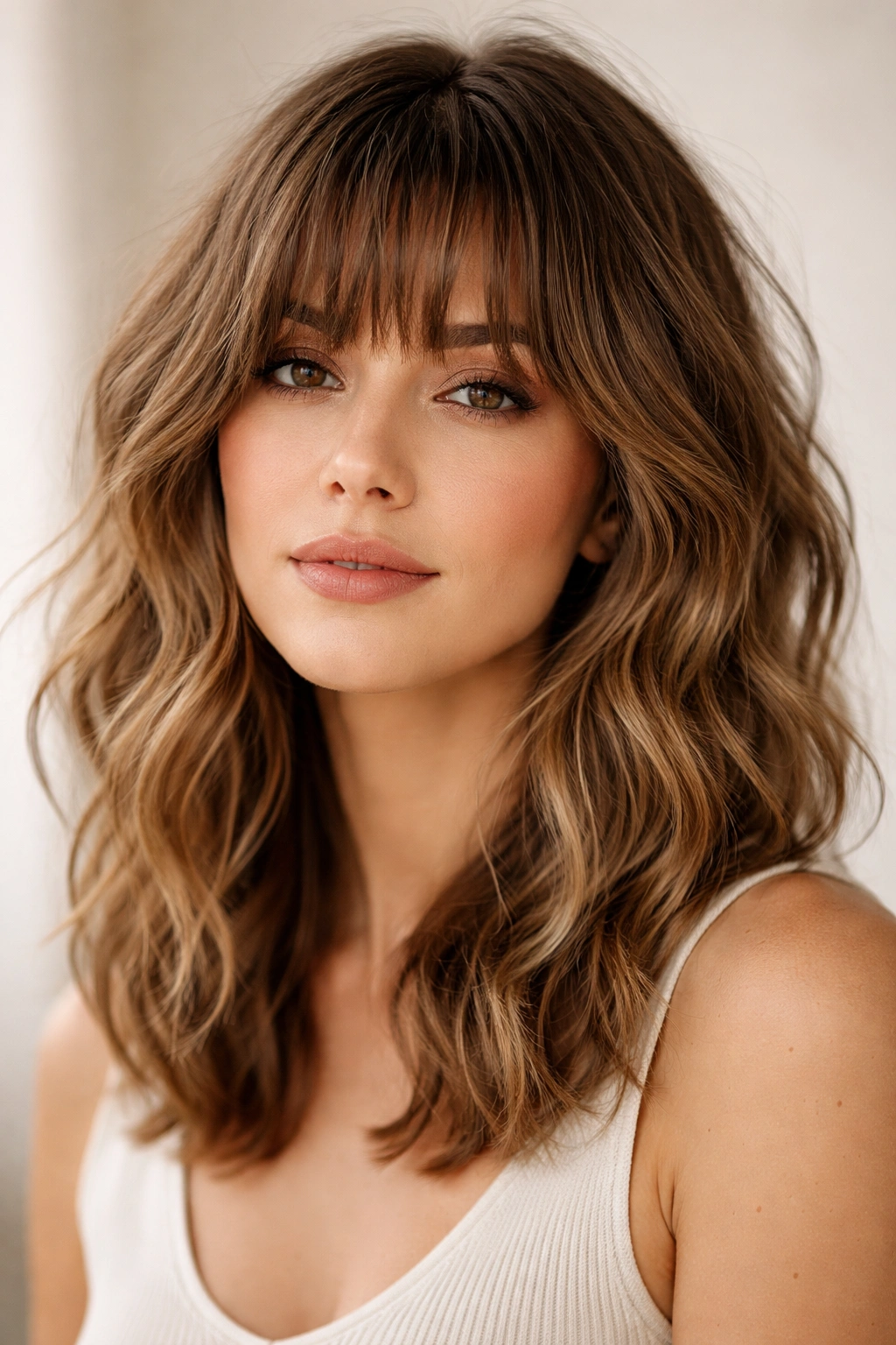 Tousled textured bangs with natural movement in medium-length hair