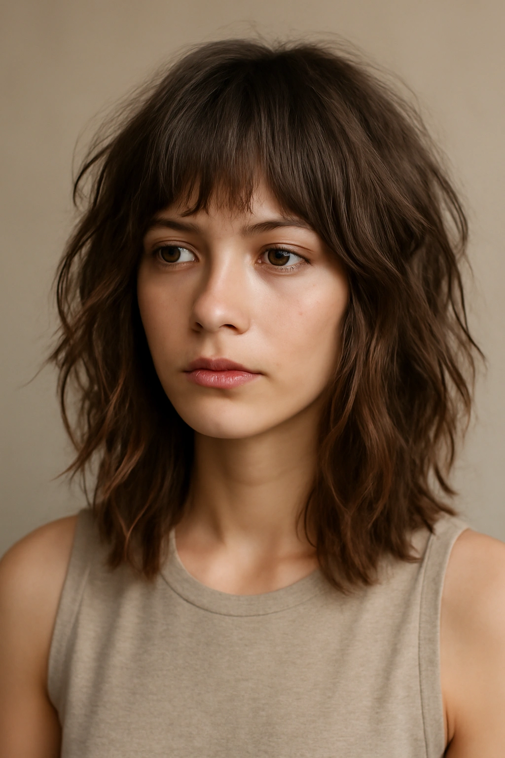 Medium-length hair with textured bangs and tousled waves