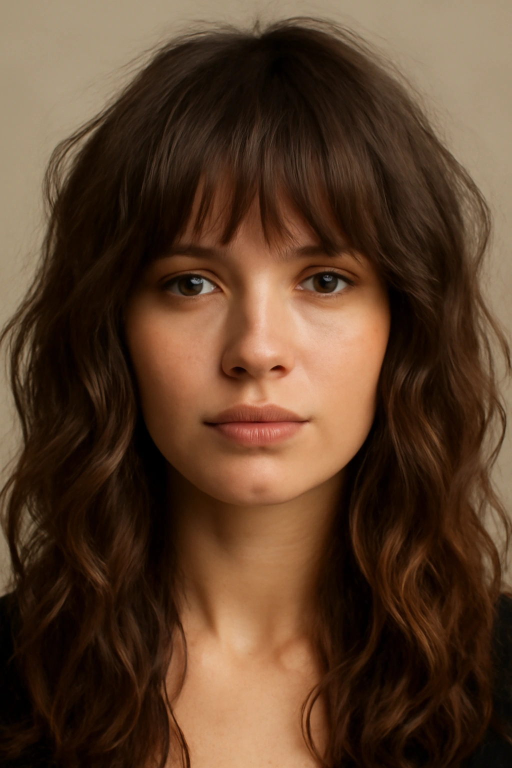 Close-up of textured bangs blending into wavy hair on a model