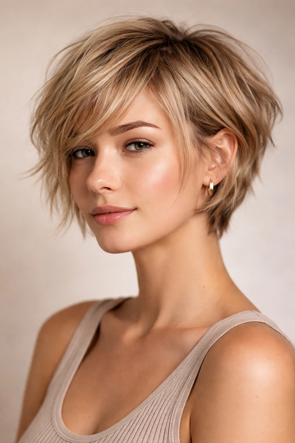 Close-up of a textured bixie cut on fine hair showing movement and separation