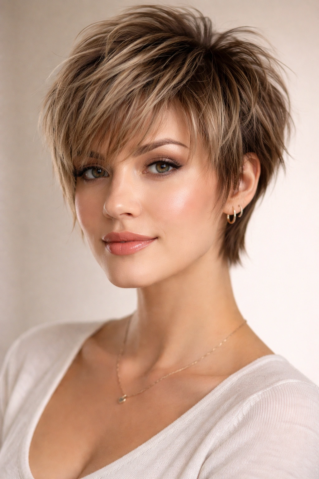 Close-up of a textured choppy bixie hairstyle with crown-height volume on a model