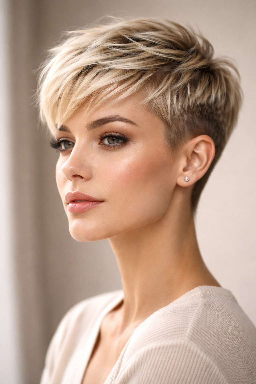 Portrait of The Textured Blonde Pixie showing blonde color and texture