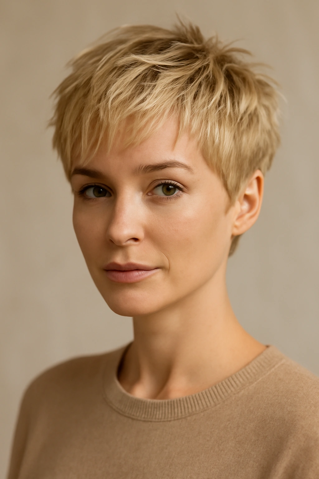 Close-up portrait of a model with a textured blonde pixie hairstyle