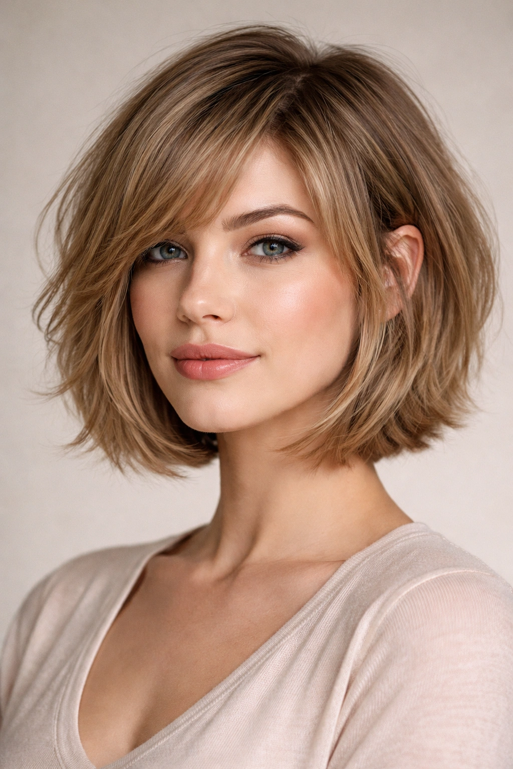 Textured jaw-length bob with side-swept bangs framing the cheek.