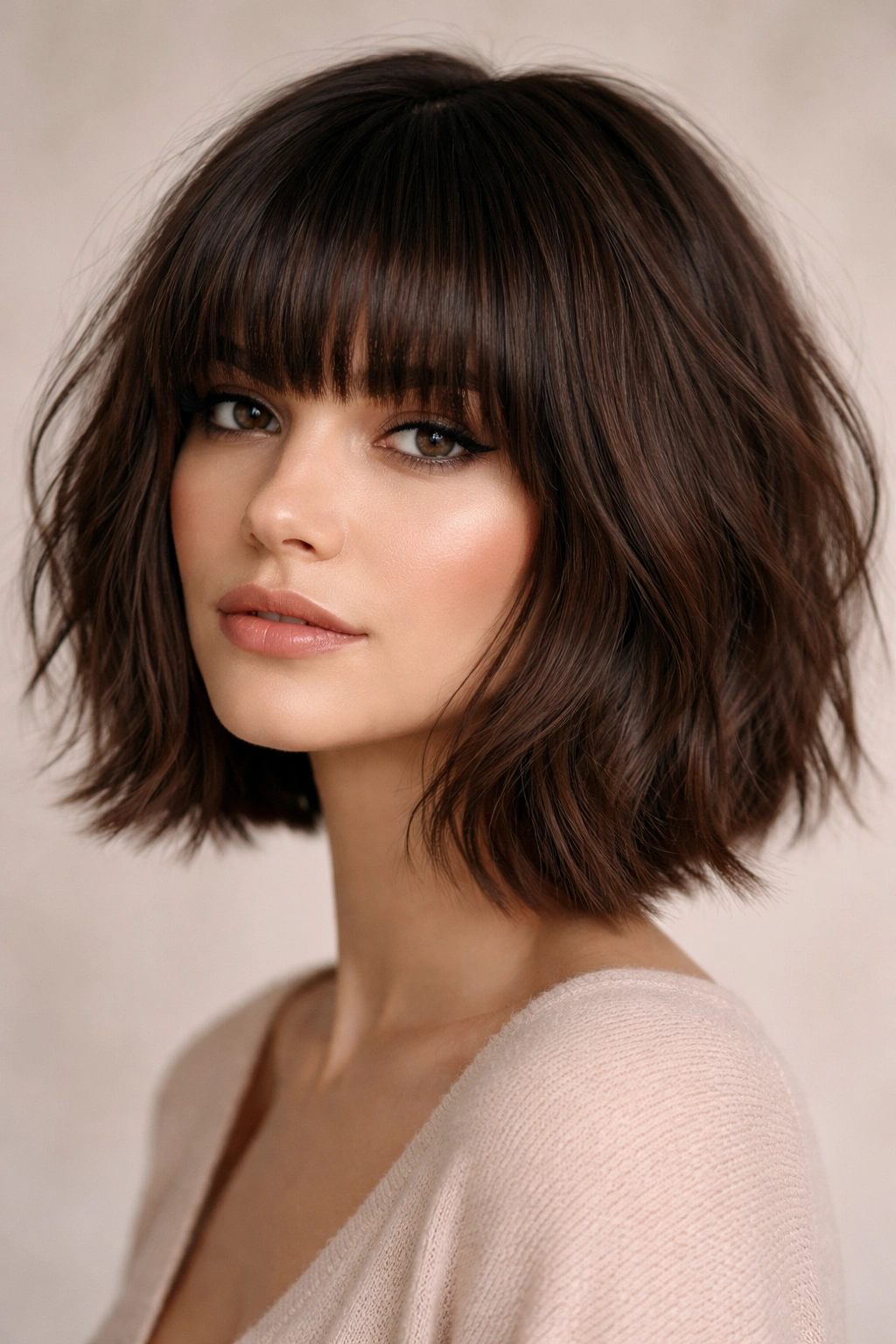 10 Short Haircuts With Thick Blunt Bangs To Try 2 Mid-length textured bob with blunt bangs and layered texture