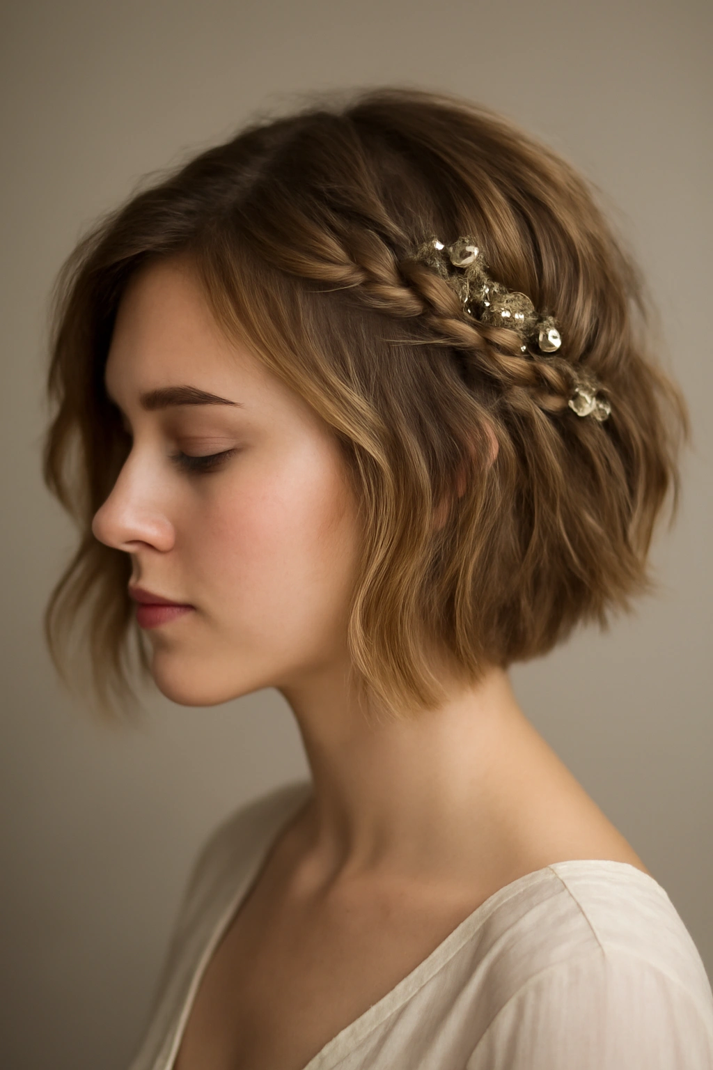 15 Wedding Hairstyles That Look Great on Short Hair 13 Close-up of a textured bob with a delicate side braid bridal hairstyle