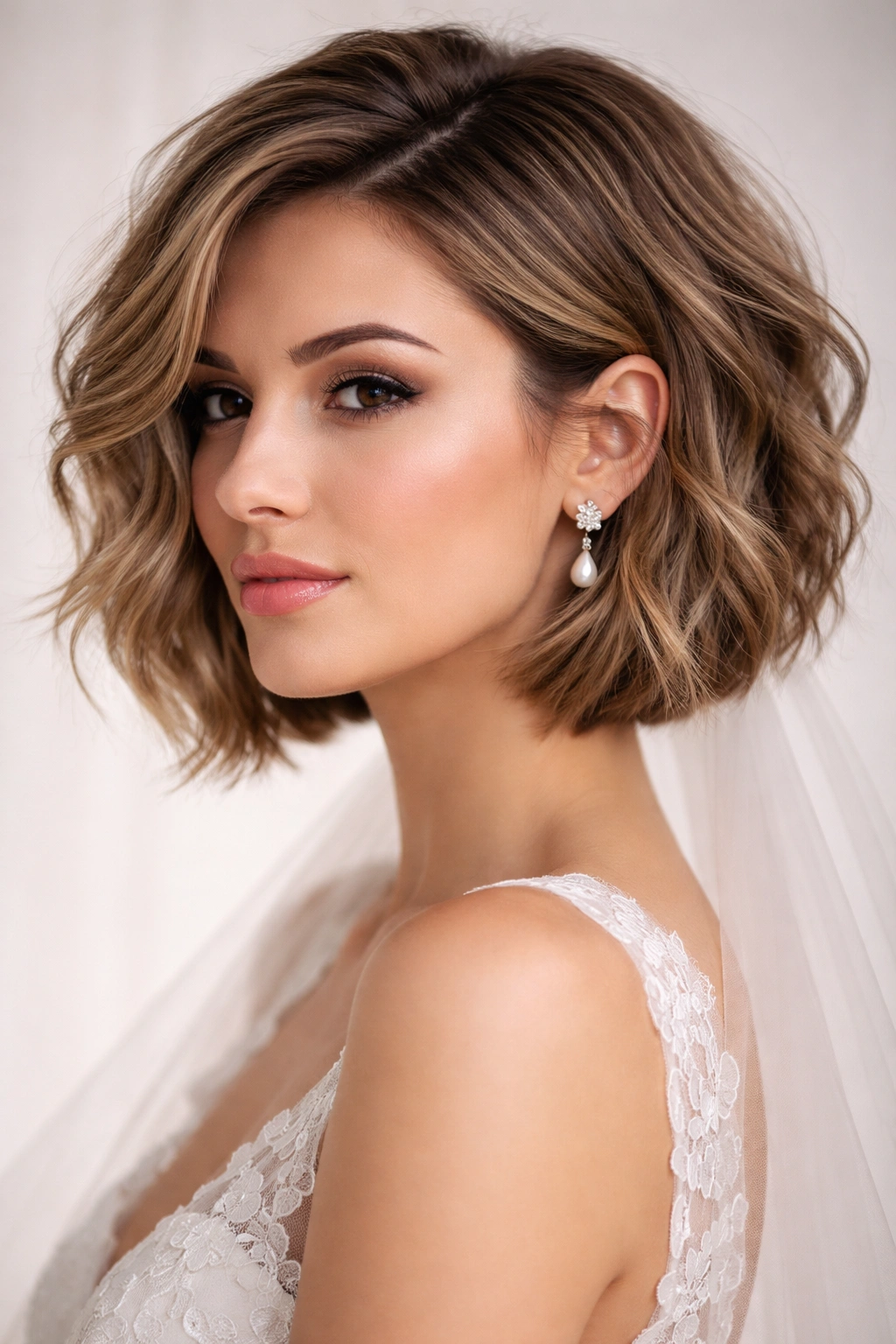 Textured bob with dimension on a bridal hairstyle