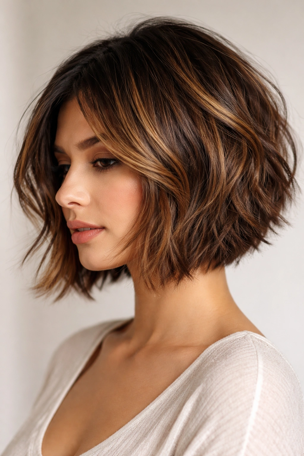 Close-up of textured chin-length bob with caramel highlights showing depth and movement