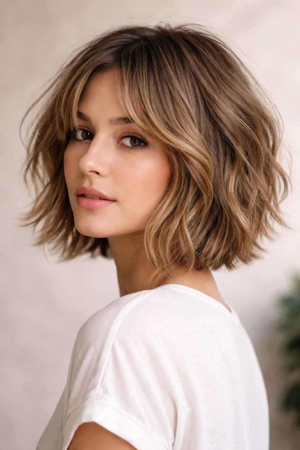 Textured bob hairstyle with chin-length layers and natural waves