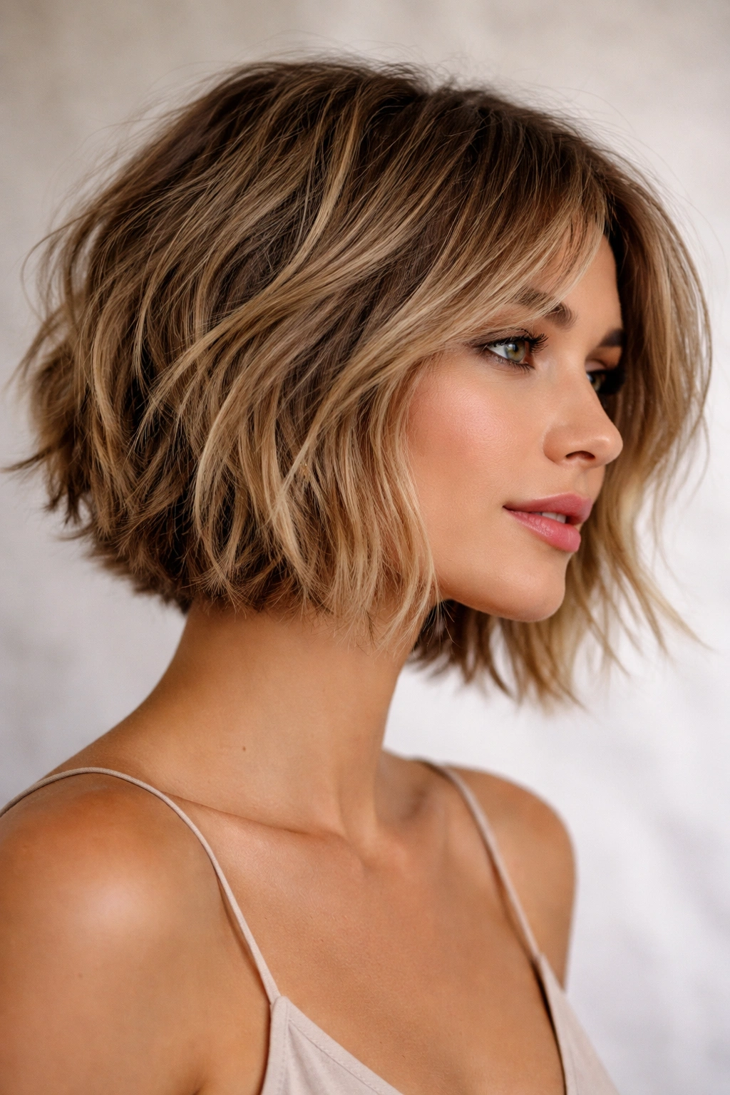 Profile of a textured choppy bob with irregular layers and tousled ends.