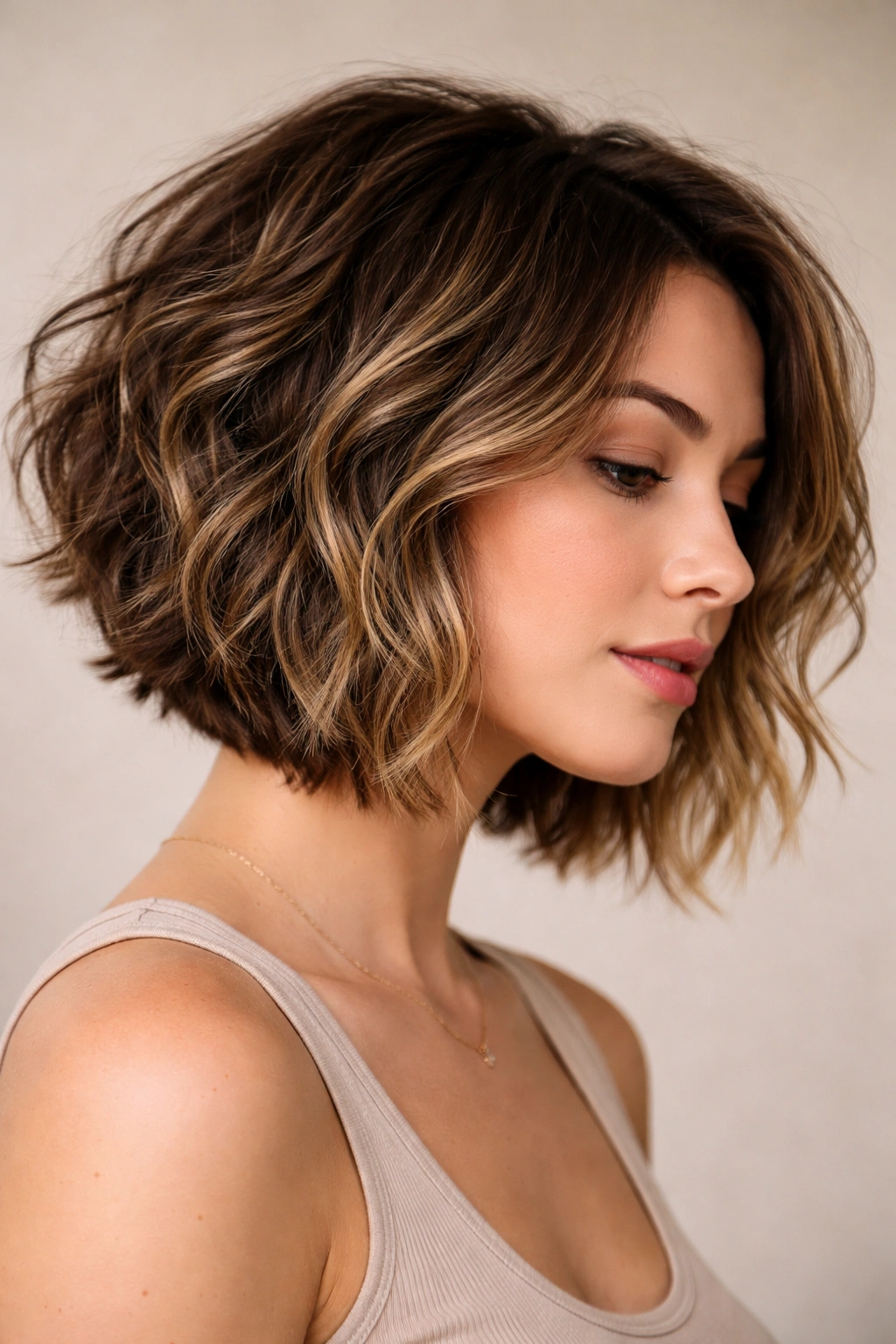 10 Angled Curly Bobs For Round And Oval Faces 7 Close-up of textured angled bob with choppy layers showing movement