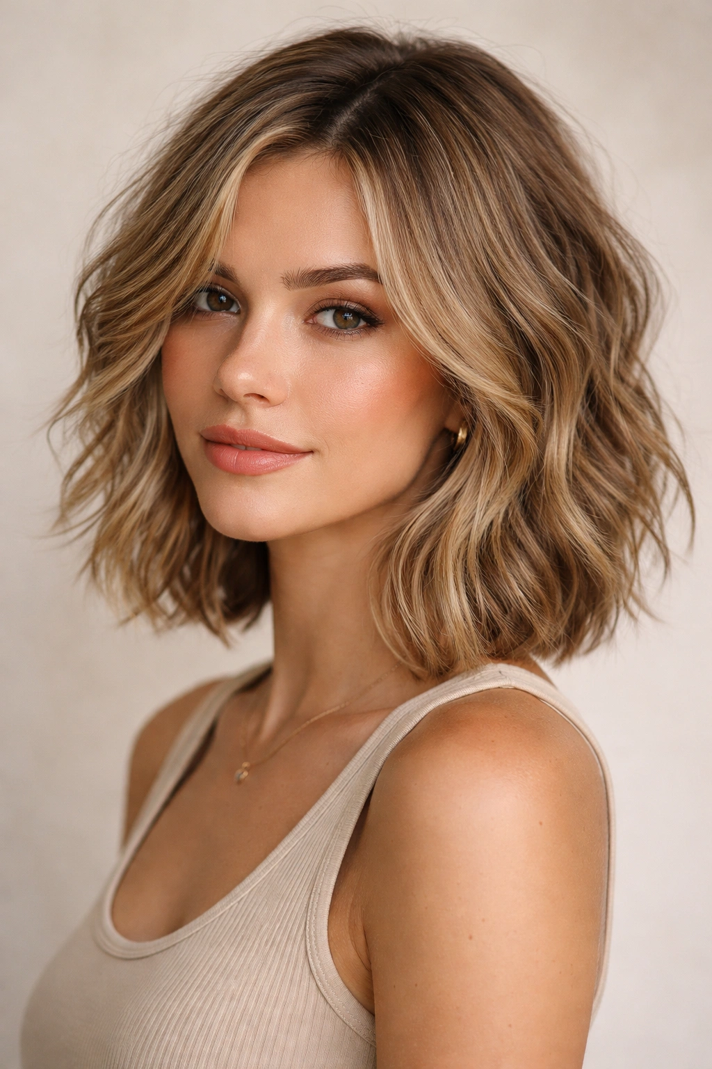 Textured shoulder-length bob with choppy layers on fine wavy hair, studio portrait