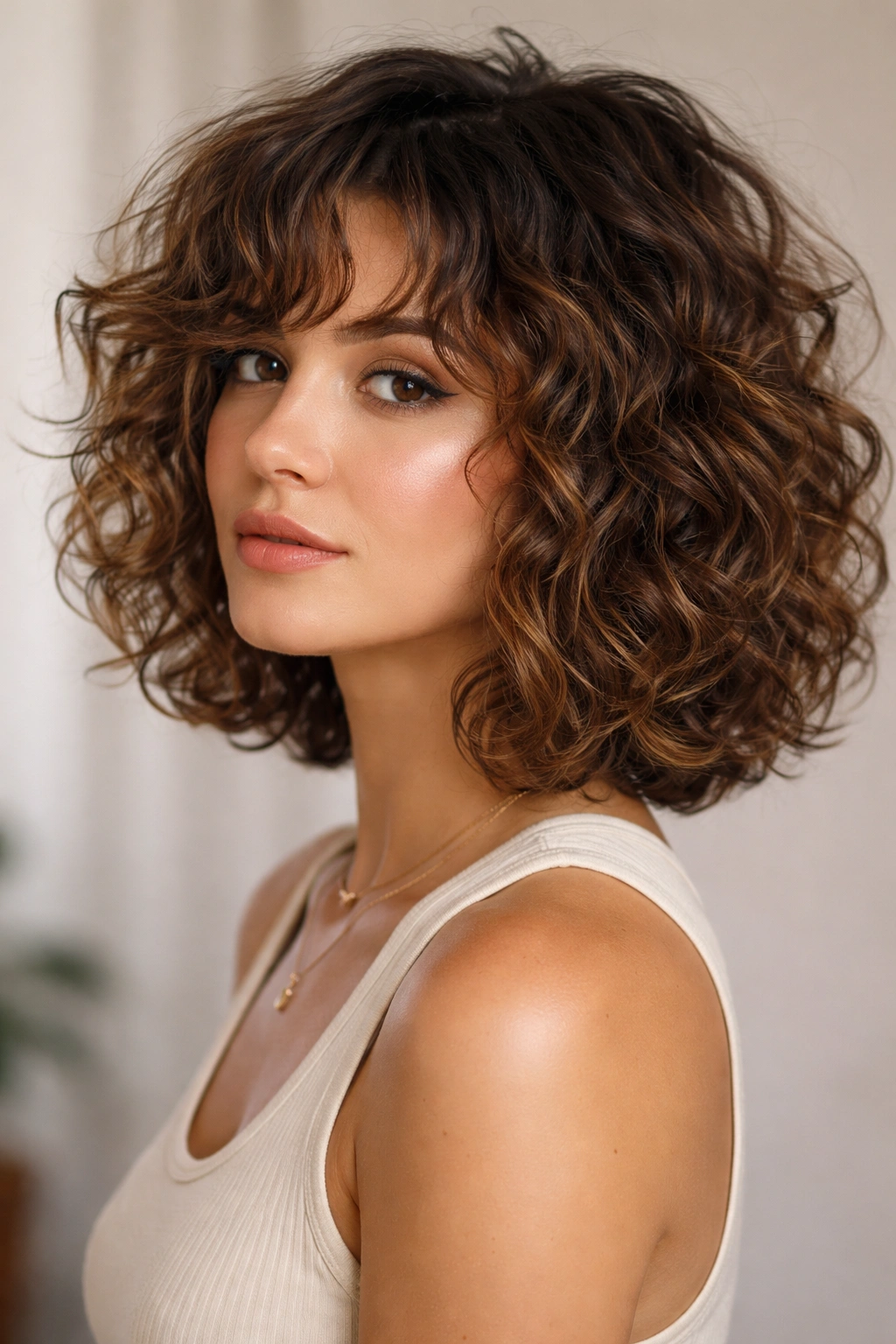 15 Curly Choppy Bobs With Volume And Bounce 1 Close-up of shoulder-length curly bob with textured choppy layers and bounce