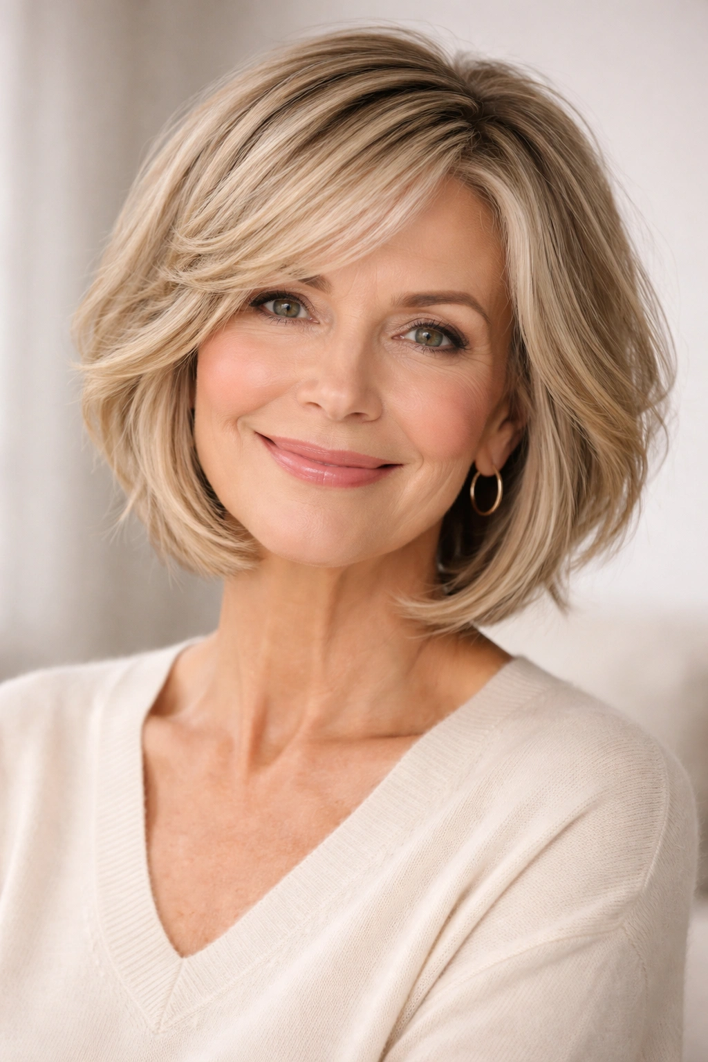 Close-up portrait of a woman with a modern textured bob featuring face-framing layers for fullness