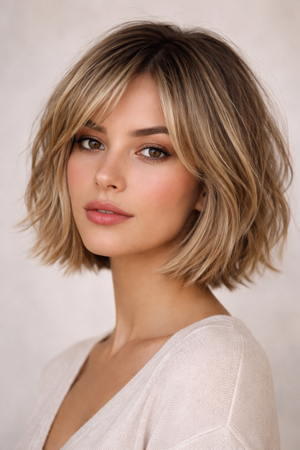 15 Hairstyles That Beautifully Flatter Long Faces 1 Jaw-length textured bob with face-framing layers highlighting cheekbones and texture