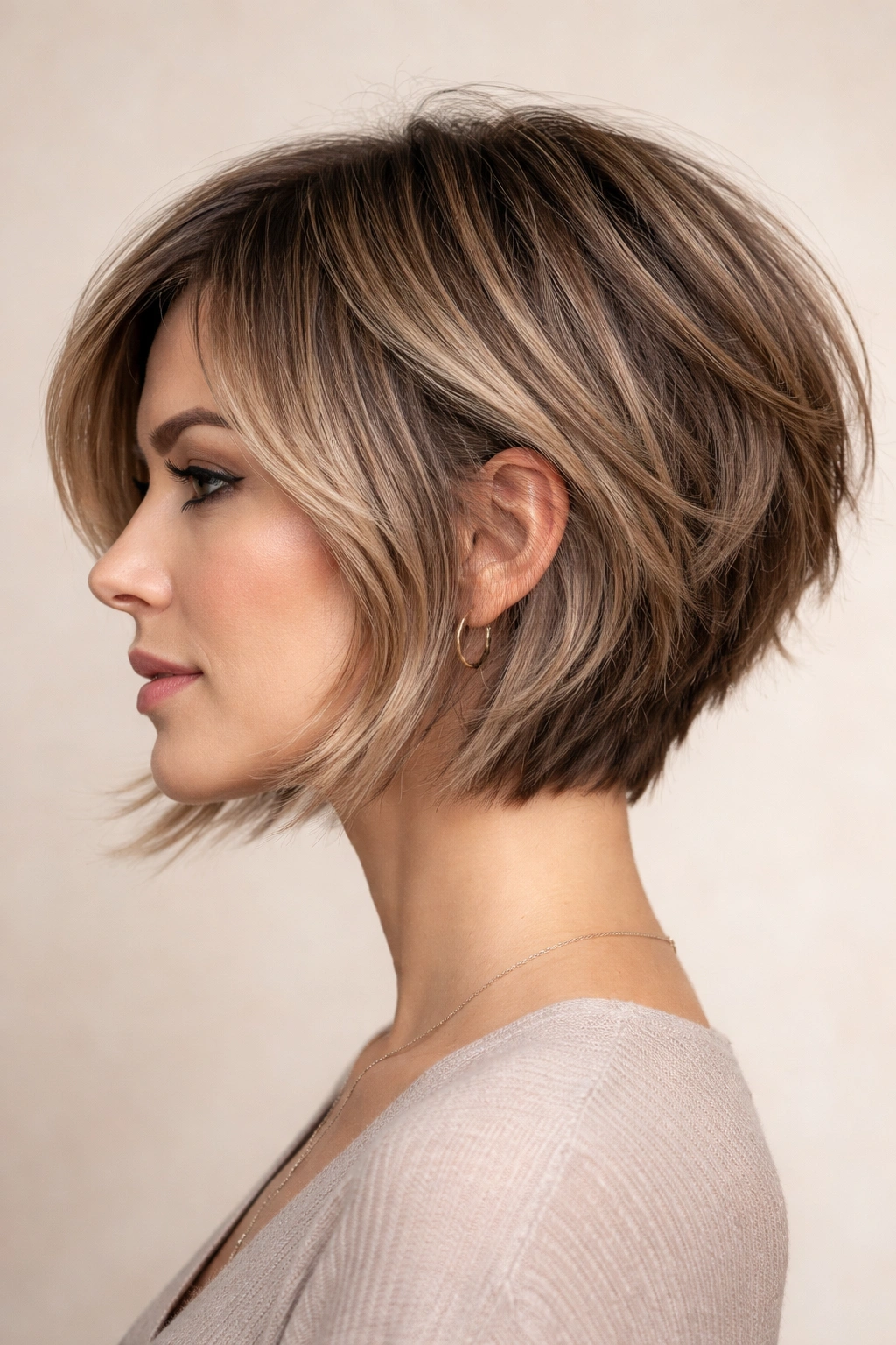 Side profile of textured bob with graduated layers