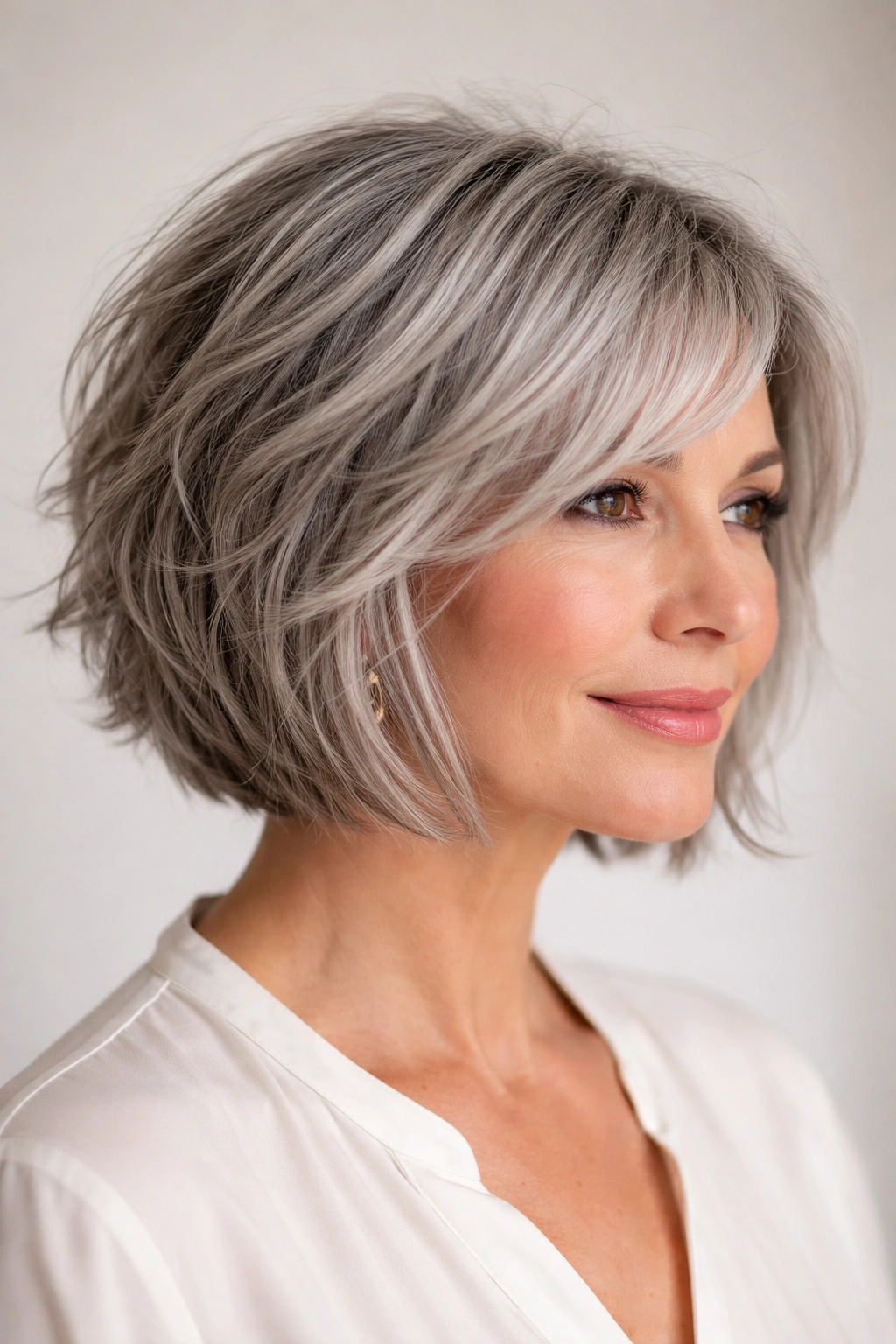 Close-up portrait of The Modern Textured Bob with choppy layers and dimensional gray hair