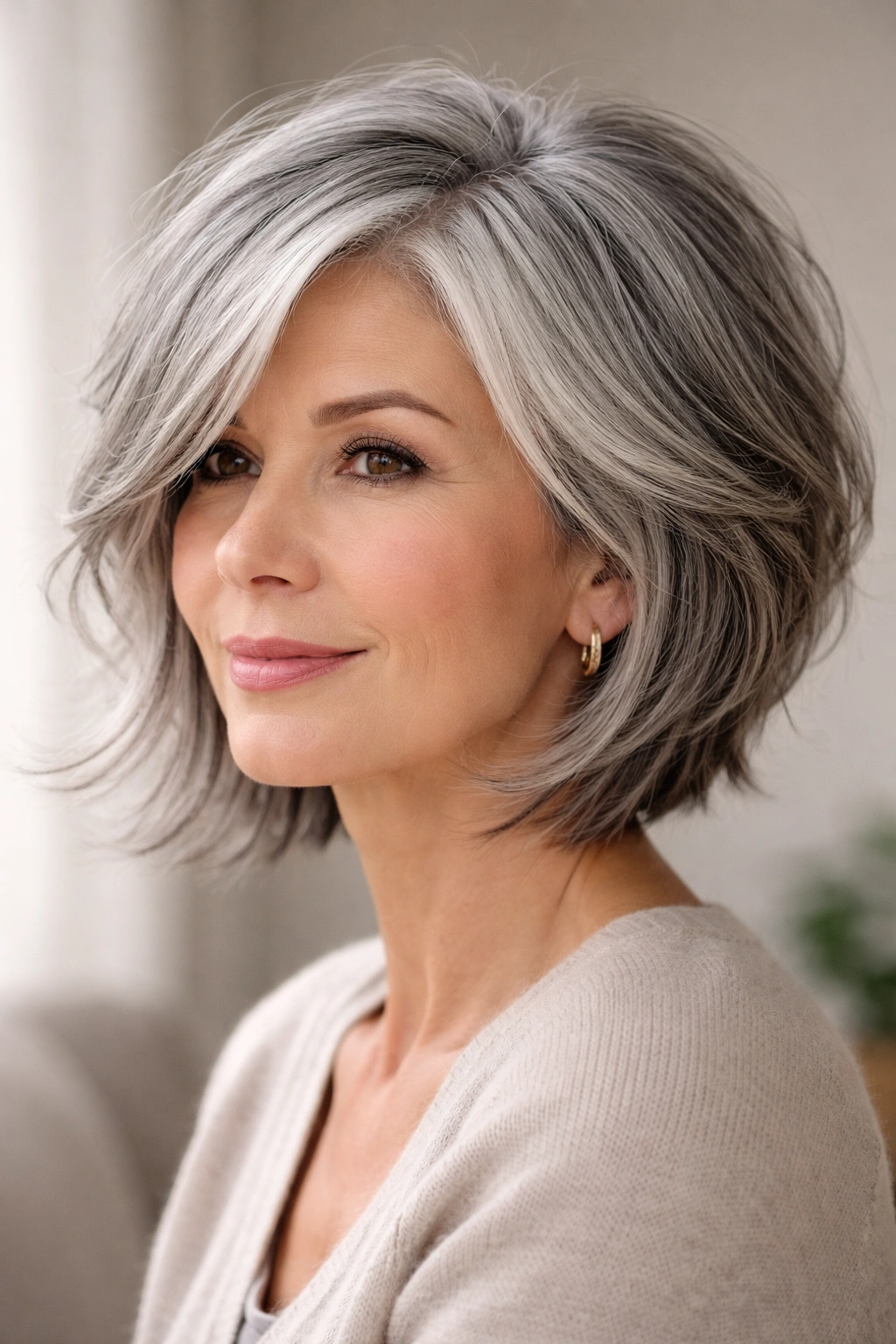 Portrait of a woman with a textured gray bob and longer front layers.