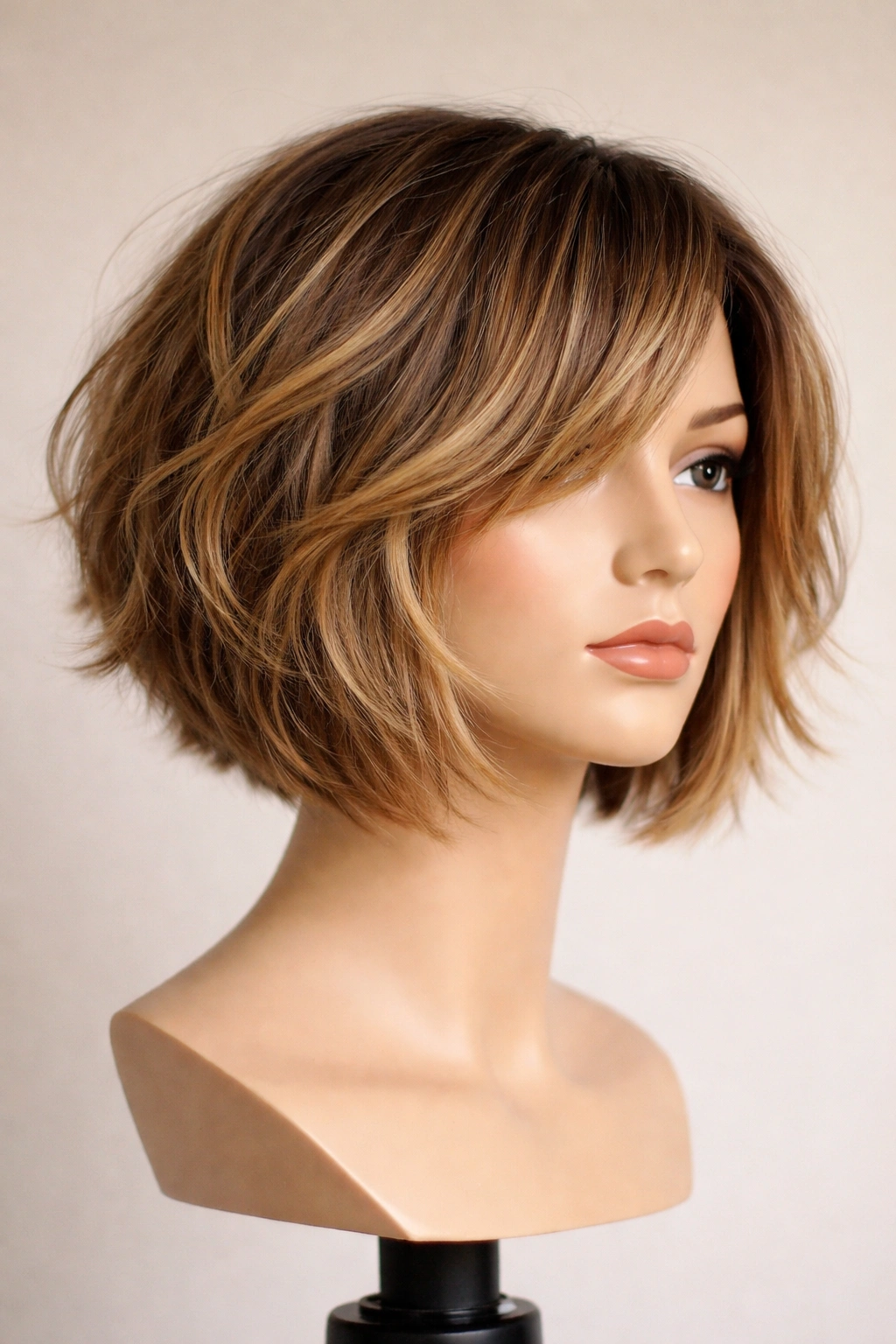 15 Short Haircuts That Balance Out A Longer Face 2 Mannequin head with a chin-length textured bob and choppy layers showing width and movement.
