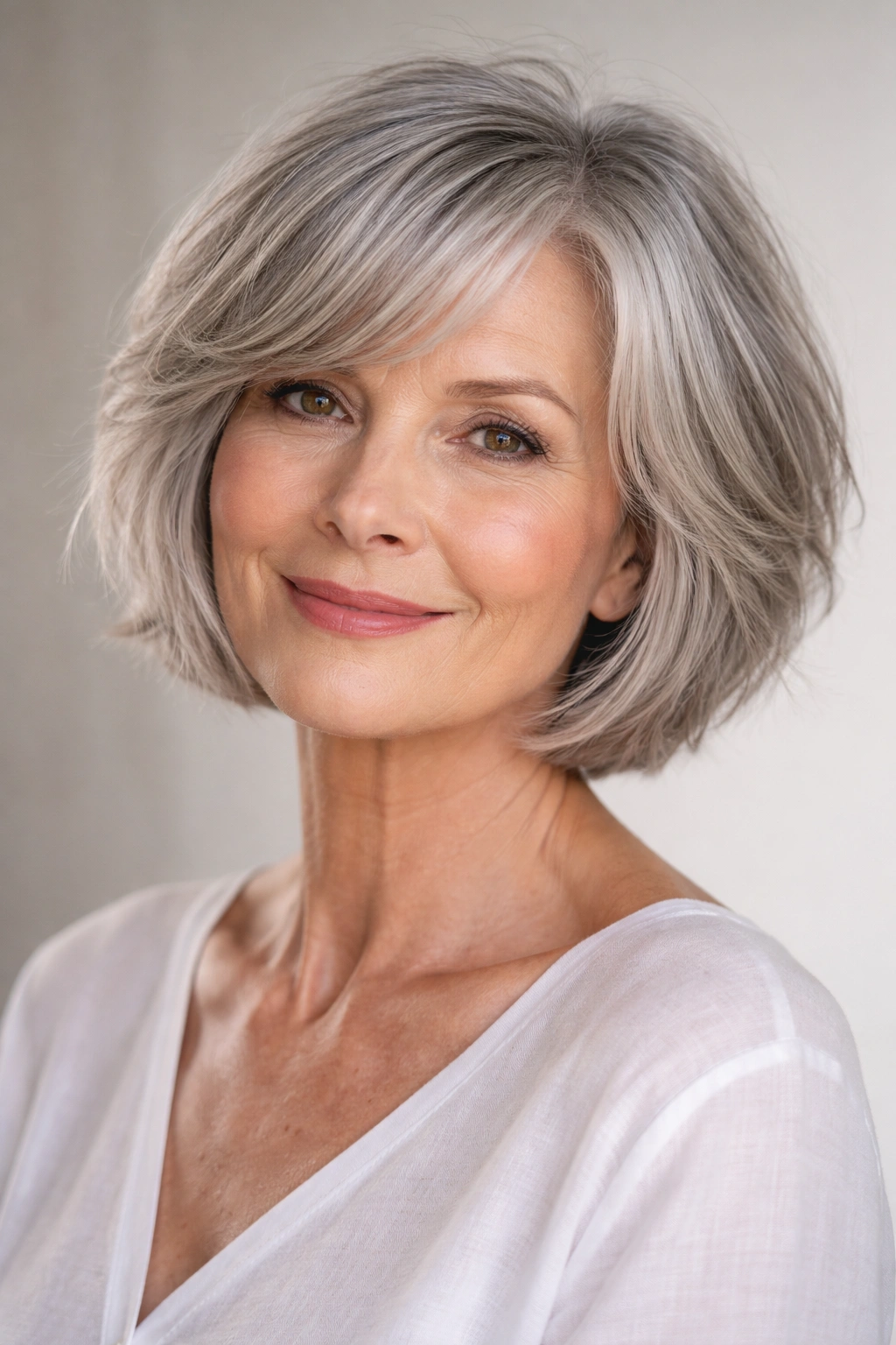 Portrait of a woman with a jaw-length textured bob with choppy layers in silver-gray hair.