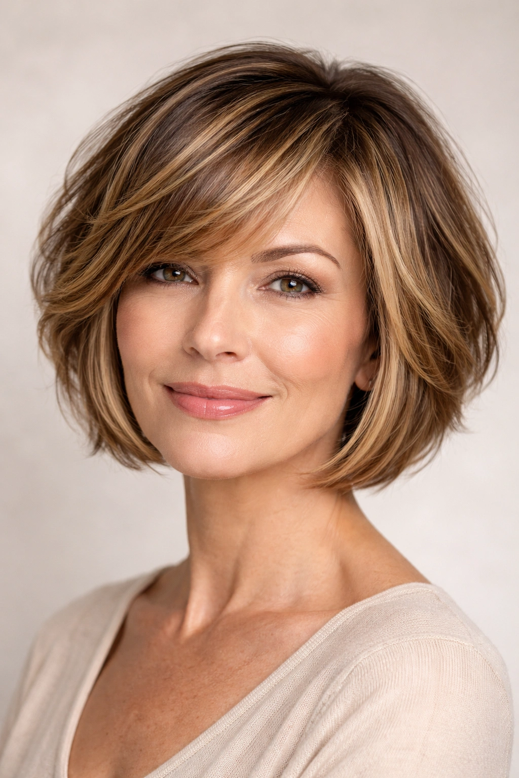 Chin-length textured bob with golden highlights and layered texture in studio portrait