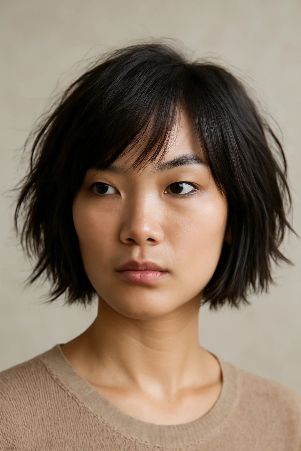 10 Short Bob Haircuts for Asian Women to Bookmark 1 Close-up of Asian woman with textured choppy bob and piece-y layers.