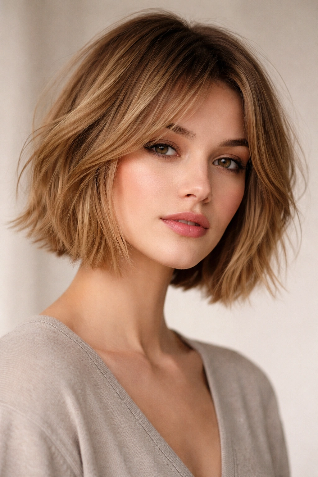 Chin-length textured bob with choppy ends and subtle interior layers